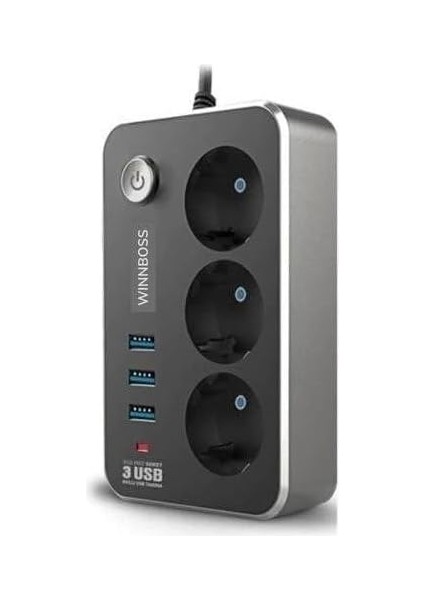 Dayanıklı Termal Akım Korumalı 2 mt 10A 2500W 3lü Priz ve 3 Usbi 21A Uzatma Kablosu