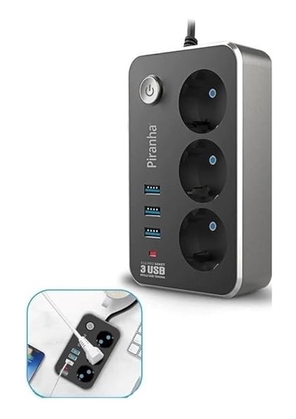 Dayanıklı Termal Akım Korumalı 2 mt 10A 2500W 3lü Priz ve 3 Usbi 21A Uzatma Kablosu fırsatları