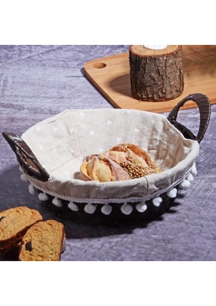 Wicker Serisi Bezli Yuvarlak Hasır Ekmek Sepeti