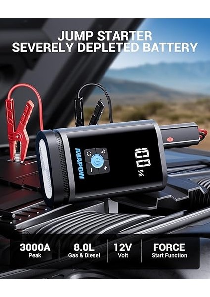 Jp3 16000MAH 3000A Zorla Çalıştırma Işlevli & Lastik Şişirme Pompalı Jump Starter Taşınabilir Akü Takviye Kiti (POWERBANK-PD30W + LCD + LED Işık) fiyatları