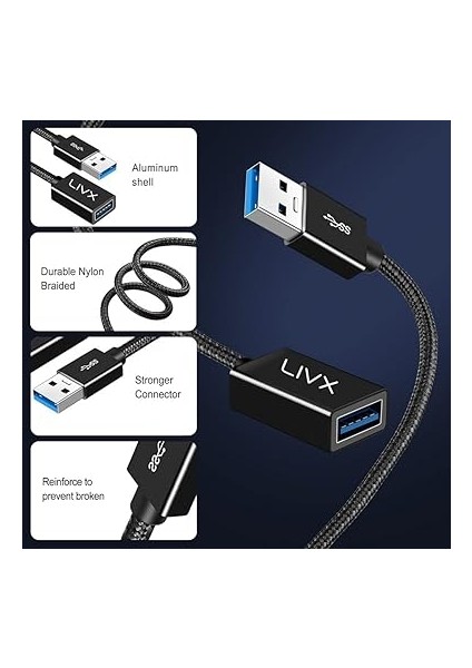 Rope 5gbps Hızlı Veri Aktarımı USB 3.0 Erkek Dişi Uzatma Kablosu Halat Örgülü 2 Metre modelleri