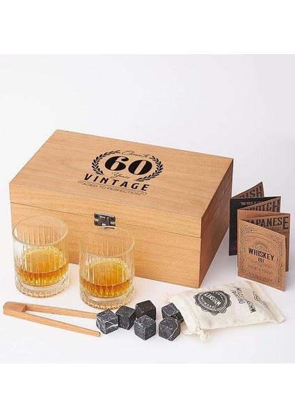 Yaş Tasarımlı Ahşap Kutulu 2'li Glasgow Viski Kadeh Seti + 6 Soğutucu Taş