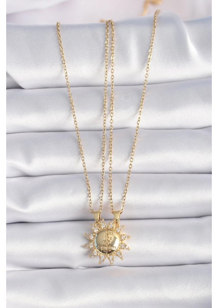 316L Çelik Gold Renk Zirkon Taşlı Güneş Model Işleme Yazı Detay Arkadaş Kolyesi modelleri