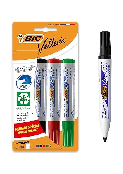 Velleda 1701 Eco Yuvarlak Uçlu Beyaz Tahta Kalemi 4'lü Blister Karışık Renkler