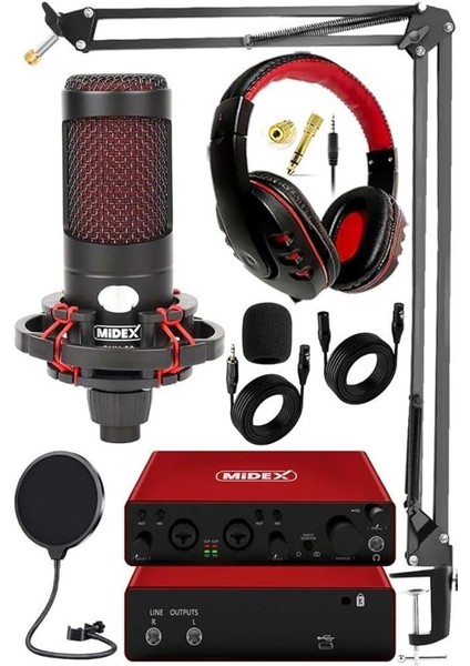 Cxn-30 Paket-9 GLX-800 Profesyonel Ses Kartlı Condenser Mikrofon Stand Kulaklık Seti