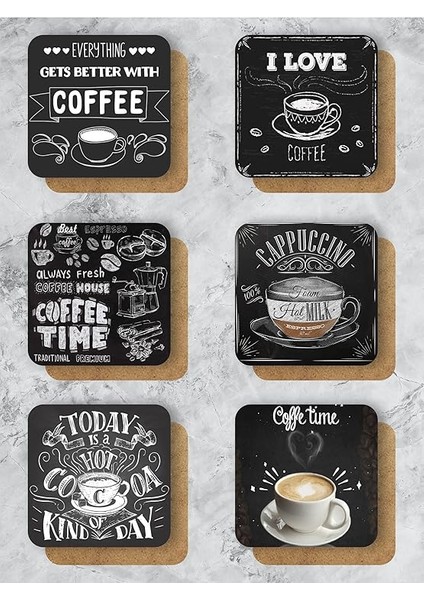 Siyah Kahve/coffee Temalı Bardak Altlığı Ahşap Baskılı Altlık 6'lı Set (9 X9CM) KARBONNM43 fiyatları