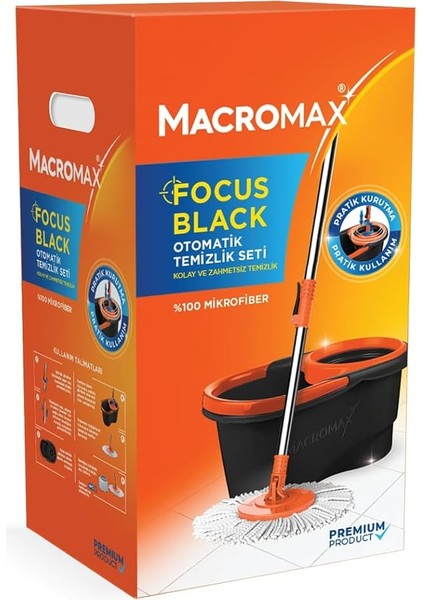 Focus Black Otomatik Temizlik Seti, Pedalsız Döner Sıkmalı 360 Başlıklı Mikrofiber Paspas