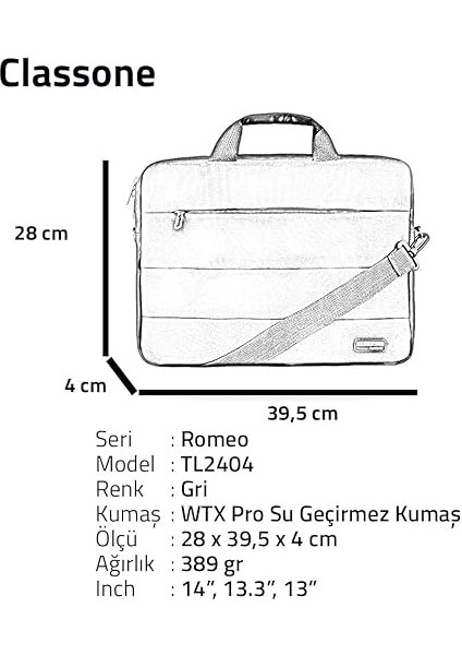 Romeo Serisi TL2004 15.6 Inch Uyumlu Su Geçirmez Kumaş, Notebook, Laptop , El Çantası- Gri indirimleri