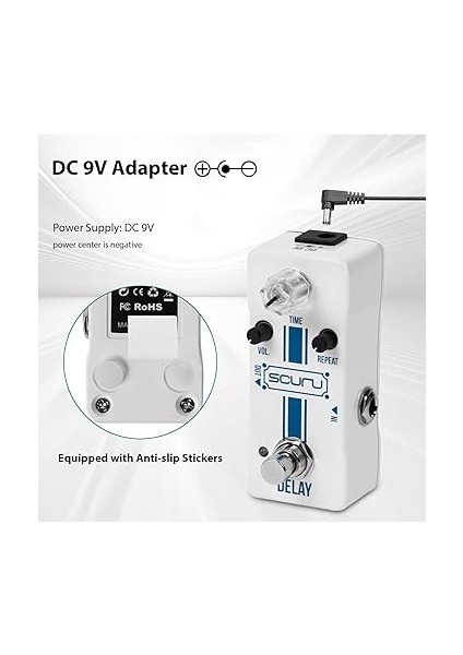 Scuru Gitar Gecikme Efekti Pedalı Zaman/ses/tekrar Kapsamlı Kontroller Dc 9V 6.35MM Giriş/çıkış Arayüzü Gerçek Bypass'lı Vintage Analog Gecikme Elektro Gitar Gecikme Efektörü Beyaz fırsatları