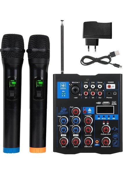 Çift Kablosuz Mikrofonlu Profesyonel Mikseri, Kartı Konsol Temi Arayüzü 4 Kanallı Dj Mikseri, Dj Karaoke Pc Gitar Hoparlörü Için Uygun