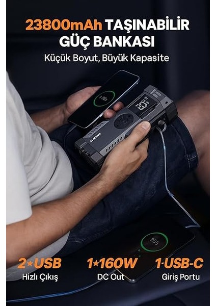 BETA06 4000A 23800MAH Lastik Şişirme Kompresörlü Taşınabilir Akü Takviye Kiti (Çanta + LED Lamba + Powerbank) indirimleri