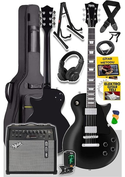 GRX-200BK-50-AMP Les Paul Kasa Elektro Gitar Seti 50 Watt Gainli Şarjlı Amfi ve Full Set (H-H)
