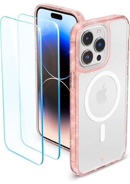 Ciel By Cyrıll iPhone 14 Pro ile Uyumlu Kılıf Shine Mag Magsafe Özellikli 360 + Cam Ekran Koruyucu (2 Adet) Rose Glitter - ACS05021