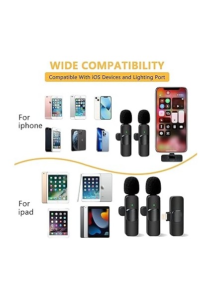 Kablosuz Yaka Yaka Mikrofon iPhone iPad Profesyonel Klip Mikrofon - Kablosuz Yönlü Kondenser Kayıt 2 Mikrofon Röportaj Video Podcast Vlog Youtube indirimleri