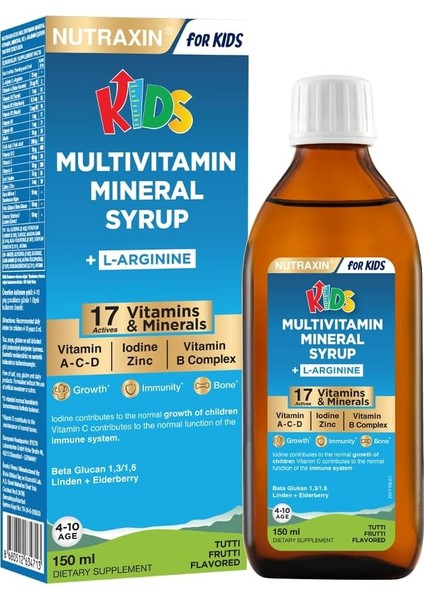 Kids Multivitamin Mineral Şurup 150 ml – 17 Vitamin ve Mineral, L-Arjinin, Kara Mürver, Beta Glukan, Çocuklar Için Bağışıklık ve Gelişim Desteği