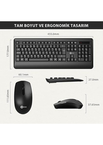 KW202 Kablosuz Türkçe Q Klavye & Mouse Set - Qwerty Türkçe Dizilim Klavye, 1200DPI Optik Fare, Win/mac Uyumlu, Sıvı Dökülmesine Dayanıklı, Bilek Dinlendirme Türkçe Q Klavye Mouse Seti Siyah fırsatları