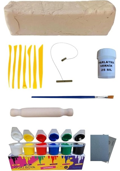 Doğal Seramik Hamuru Seramik Hamuru 4000 Gr, 7li Plastik Ebeşuar (Modelaj Seti), Kesme Teli-Ipi, Guaj, Doğal Kil Çamuru Karışık