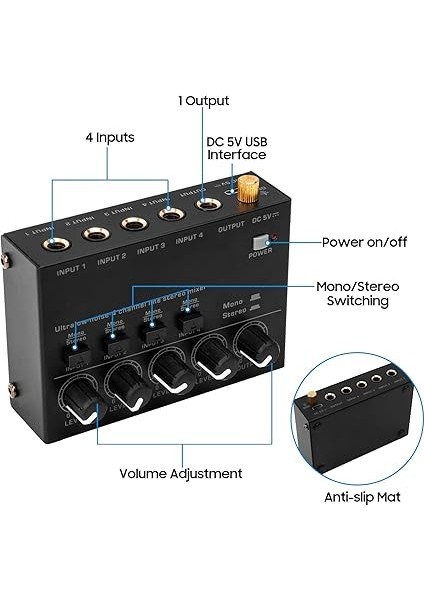 Ultra Düşük Gürültü 4 Kanal Line Stereo Mikser 4 Giriş 1 Çıkış Dc 5V Taşınabilir Mini Ses Mikseri Mikrofon Gitar Bas Klavye Mikserleri Club Bar Sahne Stüdyosu Için fırsatları