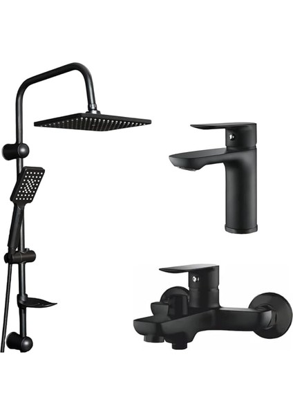 3'lü Modern Banyo Seti, Robot Duş Başlığı, Lavabo ve Banyo Bataryası, Siyah Krom (Siyah Nero Fleko 3 Lü Set)