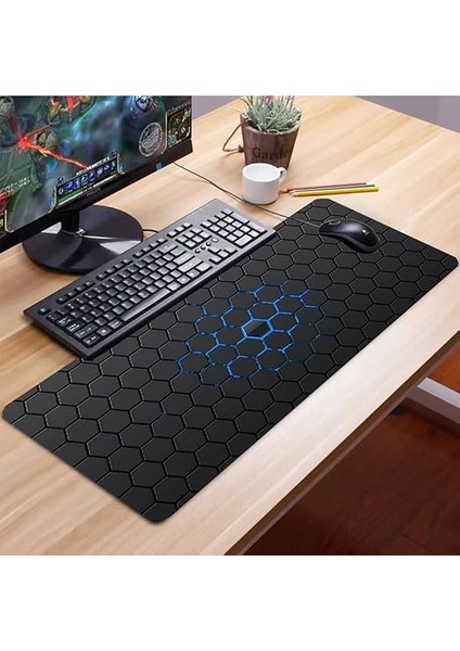 Mavi Siyah Altıgen Desenli Kaymaz Gaming Oyuncu Masaüstü Dikişsiz Klavye Mouse Pad 32X70CM modelleri