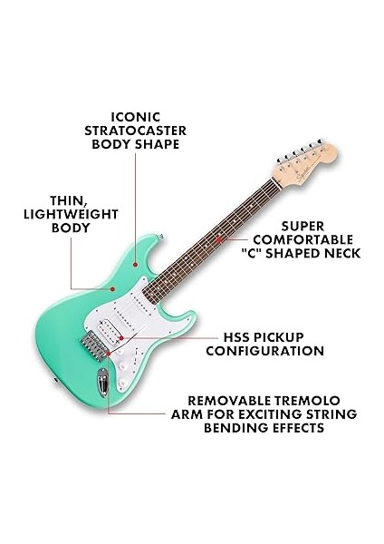 By Fender Debut Collection Hss Stratocaster Elektro Gitar, Laurel Klavye, Beyaz Vuruş Tahtası, Deniz Köpüğü Yeşili fiyatları