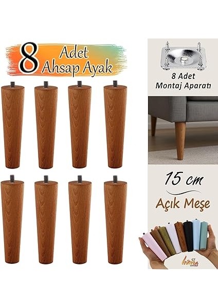 Adet Ahşap Ayak 15 cm Açık Meşe M8 Civatalı Bağlantı Aparatlı Dolap Mobilya Koltuk Kanepe Destek Ayağı Ayakları fiyatları