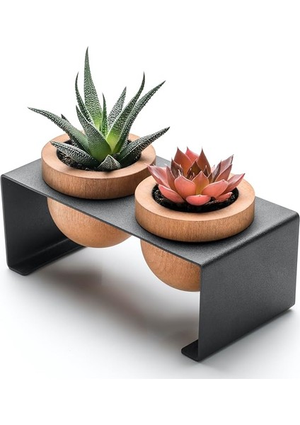 Siyah Metal Stantlı 2’li Skulent Saksısı – Siyah Metal Stant ve Meşe Saksılar, Modern Tasarım, Dekoratif Çiçek Saksılığı, Skulent ve Kaktüs Için Şık Saksı, Ev ve Ofis Dekoru