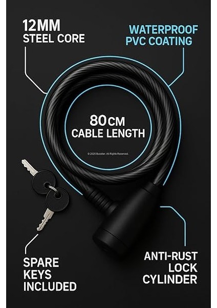 Bisiklet Kilidi, 80 cm Uzunluk, 12 mm Kalınlık, Su Geçirmez Pvc Kaplama, Çelik Gövdeli, Yedek Anahtarlı, Güvenlik Kilidi, Dış Mekan Kullanıma Uygun fiyatları