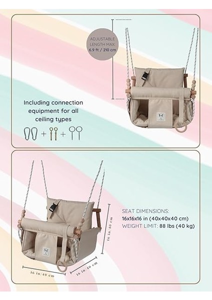 Kids Bebek Salıncağı Iç Mekan Dış Mekan Küçük Çocuk Salıncak Emniyet Kemerli Ahşap Bebek Asılı Salıncak (Bej fiyatları