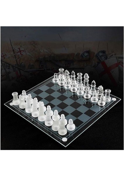 Glass Chess Cam Satranç Takımı Kullanışlı Dekoratif Şık Hediyelik (25X25 Cm)