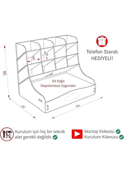 Chamber 12 Gözlü Büyük Boy Masaüstü Kalemlik Düzenleyici, Masaüstü Organizer Çekmeceli A4 Evrak Rafı (Pembe) modelleri
