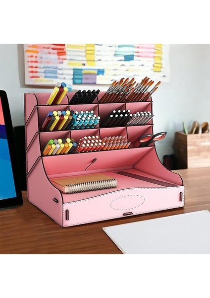 Chamber 12 Gözlü Büyük Boy Masaüstü Kalemlik Düzenleyici, Masaüstü Organizer Çekmeceli A4 Evrak Rafı (Pembe) fırsatları