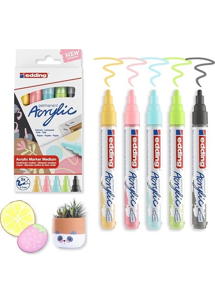 5100 Akrilik Markör - Sarı Mavi Yeşil Pembe Gri - Akrilik Markörler 5'li Paket (Pastel)