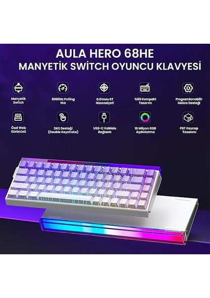 Hero 68 He Manyetik Klavye Rapid Trigger Dragon King Switch 8000Hz Rgb Neon Tkl Hot Swap Oyuncu Klavyesi Mor fiyatları