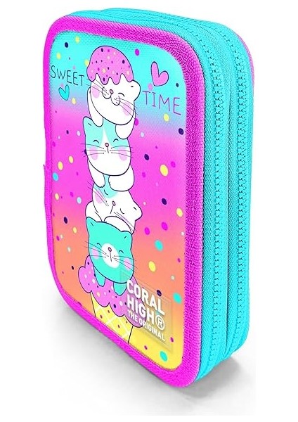 High Kids Renkli Dondurmalı Kedi Desenli Çift Katlı Kalem Çanta 11139 fiyatları