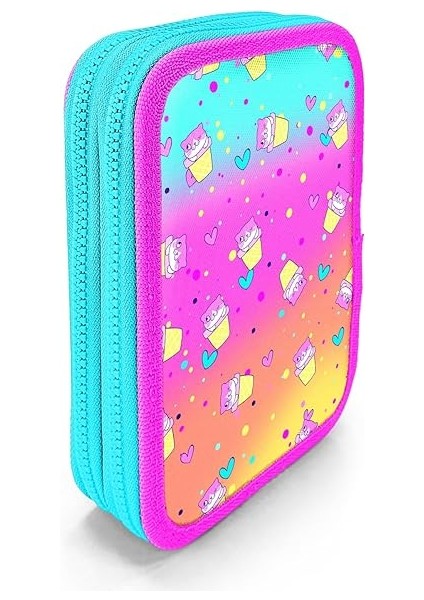 High Kids Renkli Dondurmalı Kedi Desenli Çift Katlı Kalem Çanta 11139 modelleri