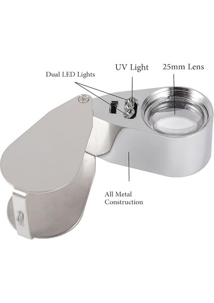Kuyumcu Büyüteç 40X Metal Katlanır, LED ve Uv Işıklı - Elmaslar, Madeni Paralar, Damgalar Için (Döviz Algılama/mücevher Işareti) fiyatları