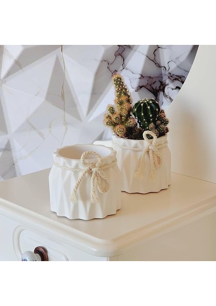 Set, Iskandinav Tarz Beyaz Beton Saksı - Minimal Dekoratif Saksı Seti