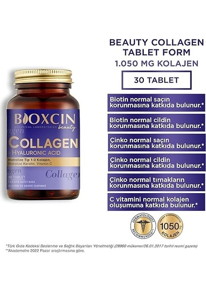 Beauty Collagen 30 Tablet – Tip1 Tip 3 Hidrolize Kolajen, Hyaluronik Asit, Vitamin C ve Biotin Içeren Takviye modelleri