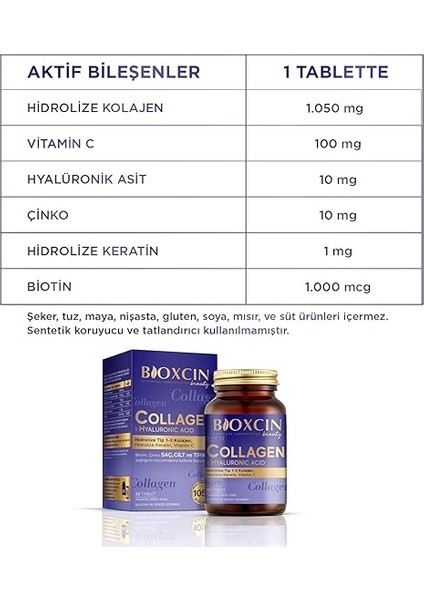 Beauty Collagen 30 Tablet – Tip1 Tip 3 Hidrolize Kolajen, Hyaluronik Asit, Vitamin C ve Biotin Içeren Takviye fırsatları