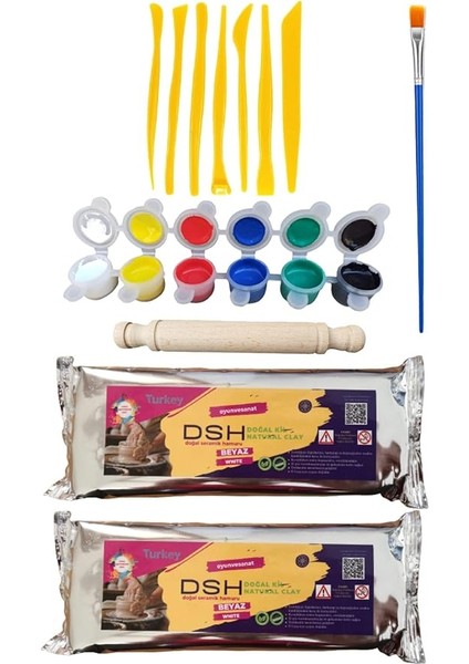 Doğal Seramik Hamuru 2li Seramik Başlangıç Seti 6-7li Ebeşuar,2 Adet 1000 gr Kil Hamuru ve 6'lı Boya ve Fırça ve Merdane Beyaz