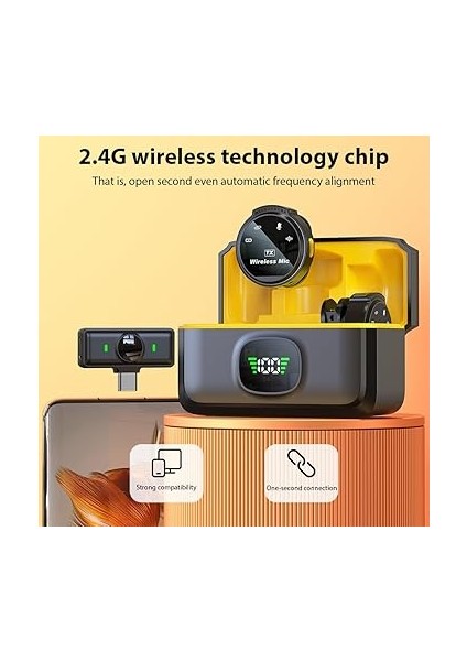 Yaka Mikrofonu Çift Mikrofon Klipsli Mikrofonlar Gürültü Azaltma Gecikme Yok Düğmesi Disk Şeklinde Kablolu Mikrofon Dijital Ekran Cep Telefonu Için Şarj Kutusu Canlı Yayın Kaydı Tak ve fırsatları