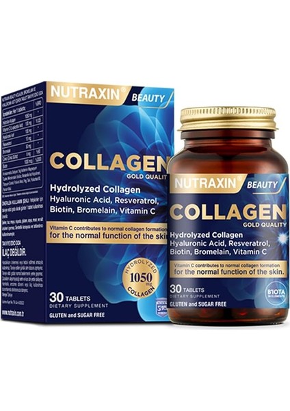 Collagen Gold Quality Tablet – Hidrolize Kolajen, C Vitamini, Hyaluronik Asit, Biotin, Çinko ve Resveratrol Içeren Cilt, Saç ve Tırnak Takviyesi – 30 Tablet
