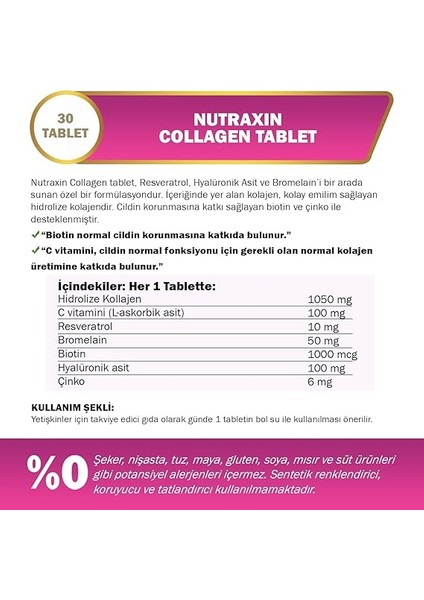 Collagen Gold Quality Tablet – Hidrolize Kolajen, C Vitamini, Hyaluronik Asit, Biotin, Çinko ve Resveratrol Içeren Cilt, Saç ve Tırnak Takviyesi – 30 Tablet modelleri