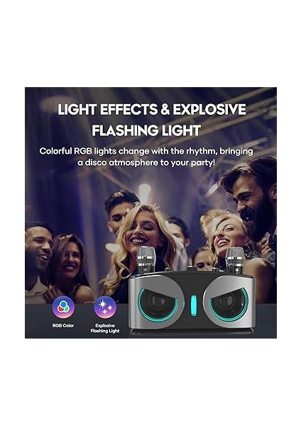 Karaoke Makinesi - 2 Kablosuz Mikrofon, Rgb Işık Efektleri, Portatif Mikrofon Sistemi ile Taşınabilir Bluetooth Karaoke Hoparlör (Gray) modelleri