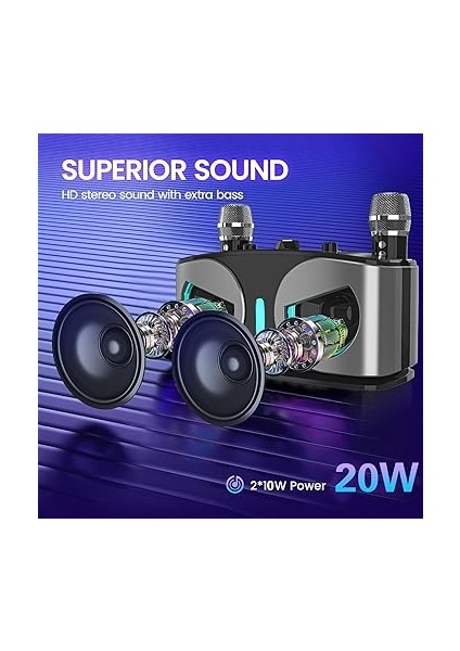 Karaoke Makinesi - 2 Kablosuz Mikrofon, Rgb Işık Efektleri, Portatif Mikrofon Sistemi ile Taşınabilir Bluetooth Karaoke Hoparlör (Gray) fırsatları