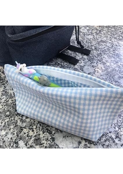 Yıkanabilir Fermuarlı Tek Gözlü Bez Kalemlik Kalem Kutusu Cüzdan Makyaj Çantası Bez Kalem Kesesi (Açık Mavi) indirimleri