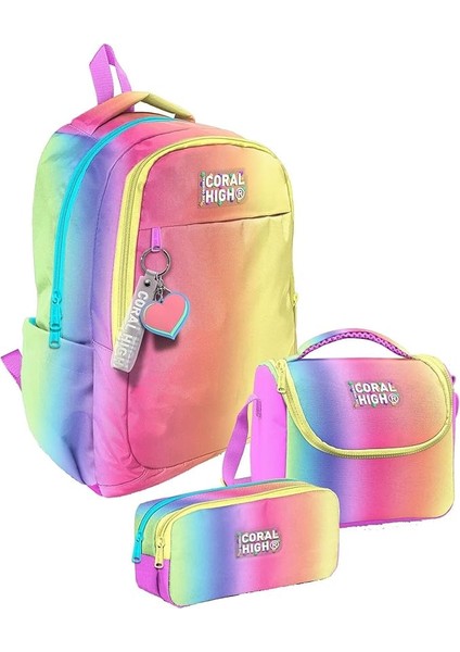 High Üç Bölmeli Kız Çocuk, Lacivert Mavi Çizgi Desenli, Ilkokul ve Ortaokul Üçlü Okul Çanta Seti