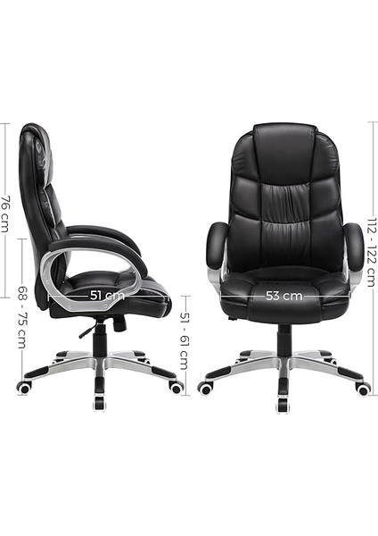 Yüksek Arkalıklı Ofis Koltuğu, Yönetici Koltuğu, Masa Koltuğu, Yükseklik Ayarı, Siyah, 67 x 66 x 114 cm OBG24B modelleri