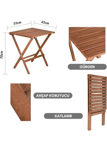 Ahşap Katlanır Minderli Bistro Set, 3 Parça Masa Sandalye Takımı, 65X55X70 cm Masa, Ceviz Gri modelleri